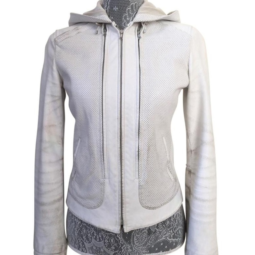 Aged White Perforated Leather Jacket sz XS